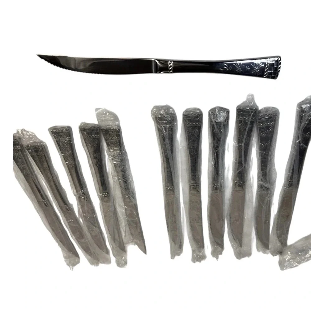 Temp-tations By Tara Old World 12 Pc 18/10 SS Steak Knife SET Floral Weave NEW